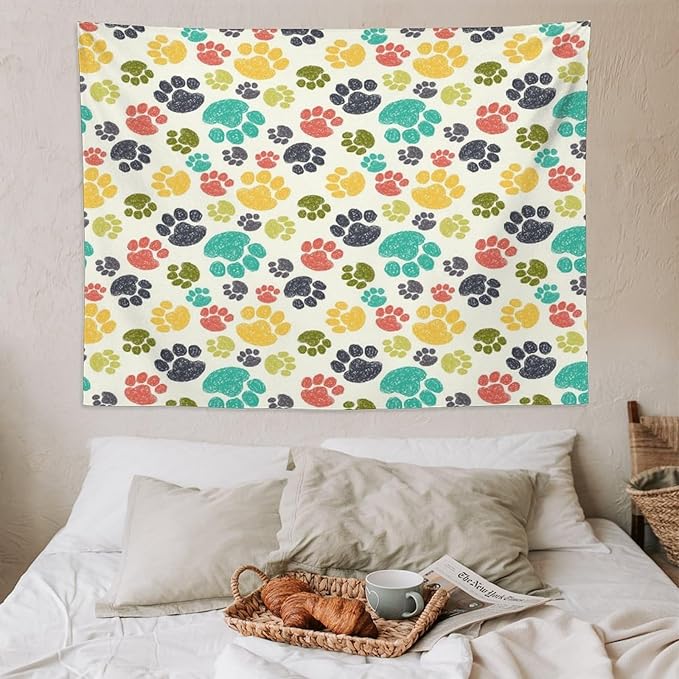 VUMIVI Dog Paw Tapestry Hand Painted Colorful Animal Footprints Doodle Kids Painting Tapestry Wall Hanging for Living Room Bedroom Dorm Classroom Aesthetic Decor W80xL60in