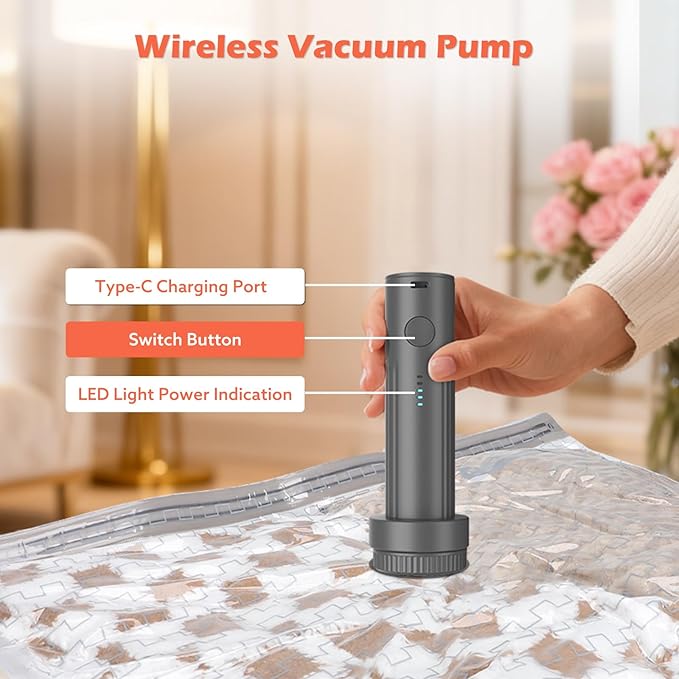 Travel Vacuum Bags with Wireless Charging Air Pump, 9 Pack Vacuum Seal Bags with 3 Sizes for Clothing Travel, Space Saver for Luggage, Business Trip, Home Storage