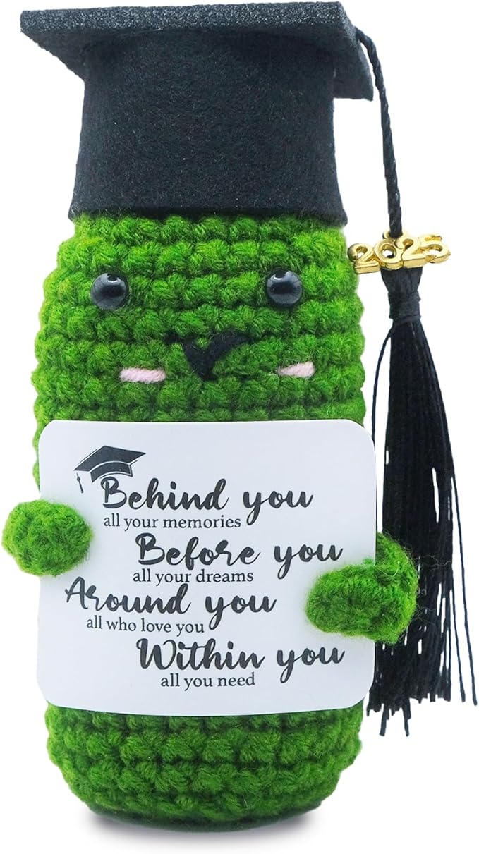 2025 Graduation Gifts for Him Her Emotional Support Pickle, Grad Decor Gifts, 5.9 X 1.96 inch, Handmade Positive Crochet Cucumber Gift for Women Men, Cute Knitted 2025 Graduation Decoration
