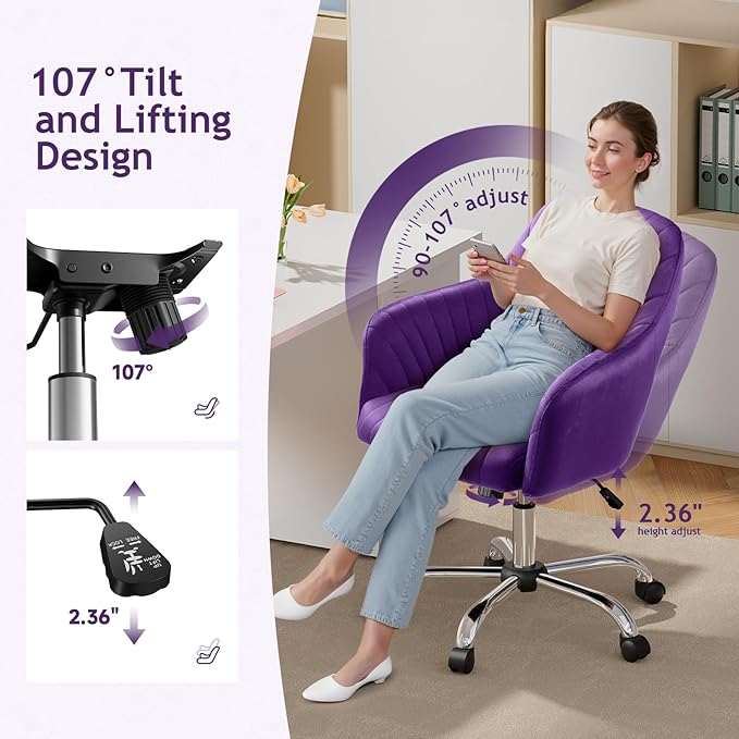 Warmiehomy Desk Chair, Velvet Office Chair for Home Office, Comfy Vanity Chair, Girl Cute Makeup Chair with Arm Rest for Bedroom Dressing Room, Purple