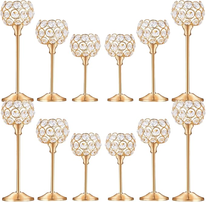 Crystal Metal Tealight Candlestick, Bling Bowl Candelabras, Tall Crystal Candle Holders Elegant Candle Centerpiece for Dining Table Wedding Home Mantel Decor(Golden, 4Sets(12 Pcs))