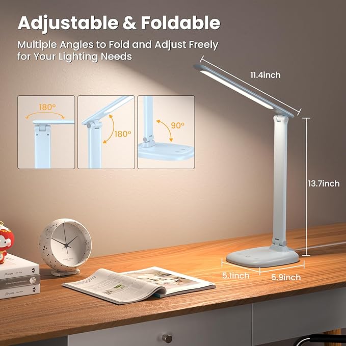 Desk Lamp with Charger, 10%-100% Stepless Dimmable & 5 Color Modes Study Lamp, Touch Control, 30-/60-minute Timer, USB Charging Output Port, CRI≥90, Eye-Caring Foldable LED Desk Lamps for Home Office