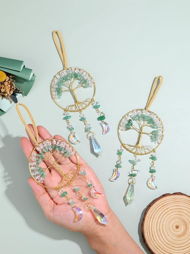 CrystalTears Crystal Tree Life Hanging Ornament Handmade Green Aventurine Clear Quartz Healing Crystal Gemstone Glass Suncatcher for Home Window Wall Decoration Crystal Gifts for Women Men Friends