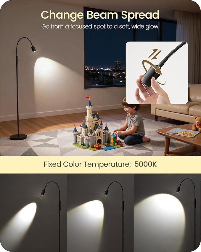 Reading Floor Lamp, 74.2" Tall LED Lamp with, 360° Flexible Gooseneck & Touch Control, 5000K 6W LED, Sturdy Base, Crafts Standing Lamp, for Reading, Living Room, Matte Black B16LD05
