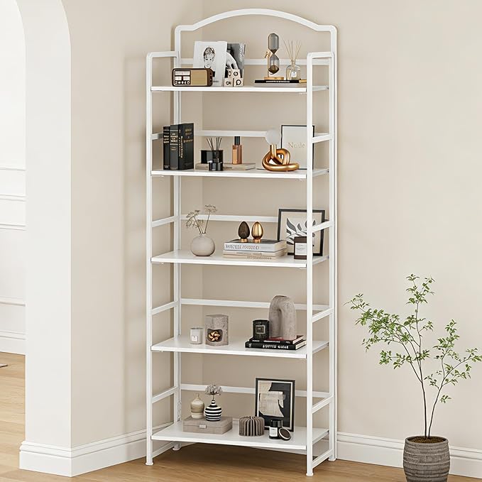 JSB No Assembly Folding Bookshelf, 5 Tier Book Shelf for Storage, Vintage Wood Foldable Bookcase for Living Room, Bedroom, Office Organization Shelves