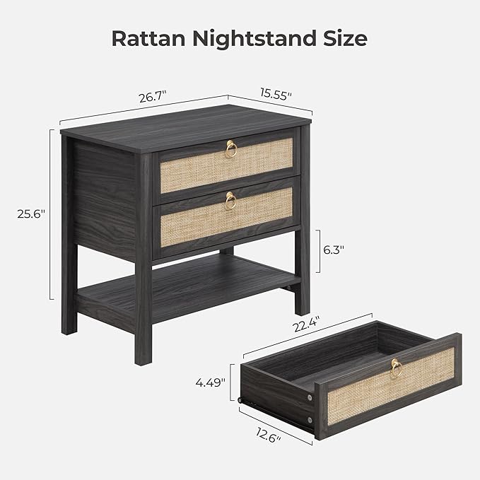 SICOTAS Night Stand with Drawers and Storage Shelf - Large Nightstands Rattan Decor Boho Bedside Table Narrow Side Table for Bedroom, Small Space