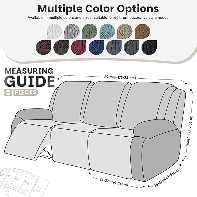 VANSOFY Recliner Couch Cover, 8-Pieces Stretch Recliner Sofa Cover Soft Jacquard Reclining Slipcover Furniture Protector with Elastic Bottom for Kid, Pets(3 Seat,Light Blue)