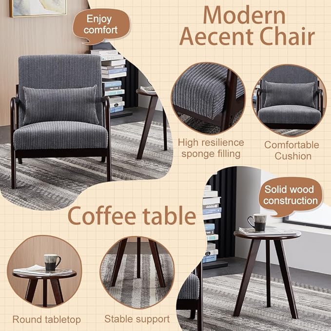 KEIKI Mid-Century Modern Upholstered Accent Chair with Accent Table, Seating Set for Home