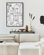 Abstract Face Pattern Wall Art Collage of Modern Faces Continuous Line Drawing 24x36 Inch Oak Wood Black Framed Artistic Aesthetic Print for Living Room