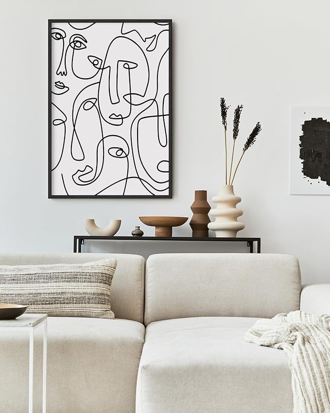 Abstract Face Pattern Wall Art Collage of Modern Faces Continuous Line Drawing 24x36 Inch Oak Wood Black Framed Artistic Aesthetic Print for Living Room