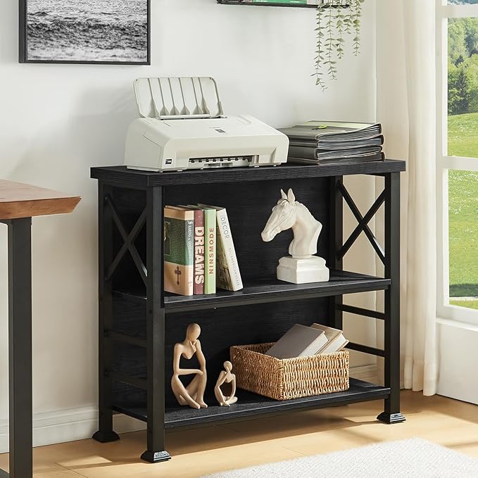 HOMBAZAAR 3-Tier Small Bookshelf, 35.4 Inch Short Book Shelf with Sturdy Metal Frame & Wood Shelves, Black Industrial Bookcase for Living Room, Bedroom, Office