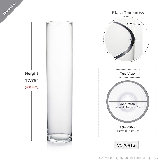 WGVI Quality Thick Weighted Tall Clear Cylinder Glass Vases, 4" W x 18" H, Flower Arrangement Floating Candle Holders Wedding Centerpieces Event Floral Container Artistic Display Home Decor, 1 Piece