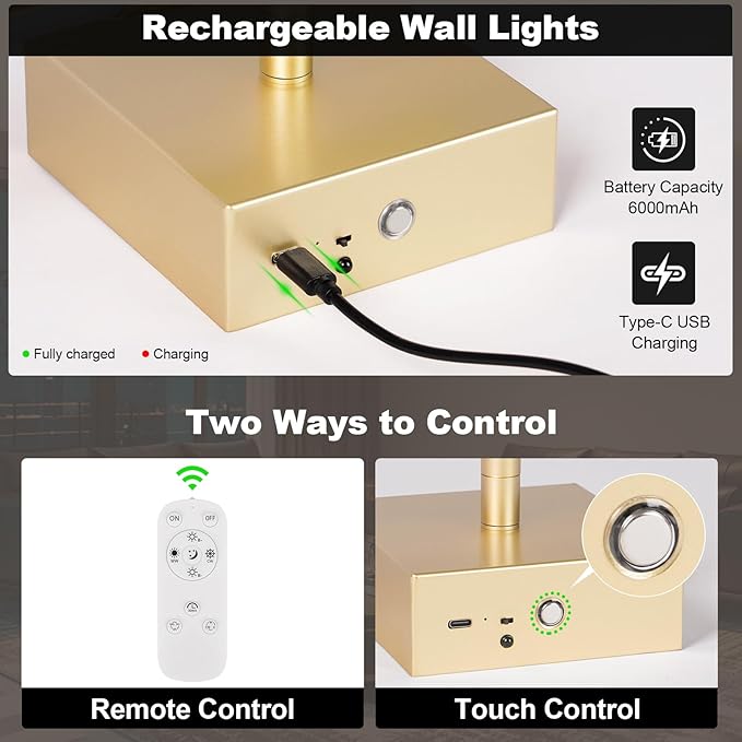 Battery Operated Wall Sconce Set of Two with Remote Control, 3000K-6000K Dimmable Gold Wall Lights, Timable LED Wireless Wall Sconces, 350° Ratate for Bathroom, Living Room, Hallway 29.1 Inch