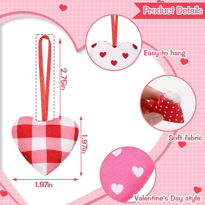 Valentines Hearts Ornaments,30 PCS Fabric Heart Shape Hanging,Baubles Hanging Ornaments for Valentines Tree,Anniversary Wedding,Party DIY Crafts 2 inch