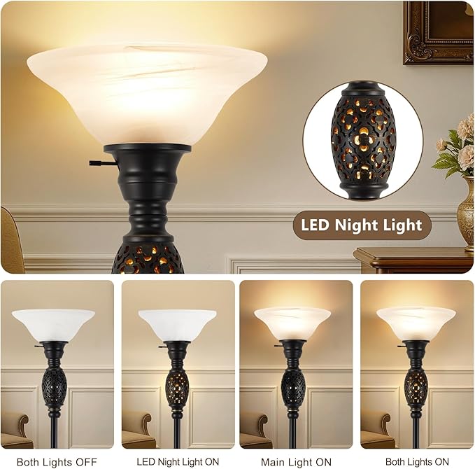 Luvkczc Vintage Floor Lamp with Nightlight, 70" Rustic Standing Lamp with Glass Shade, Victorian Style Tall Lamp Decor for Living Room Bedroom Study Home Office Corner (Bulb Included)