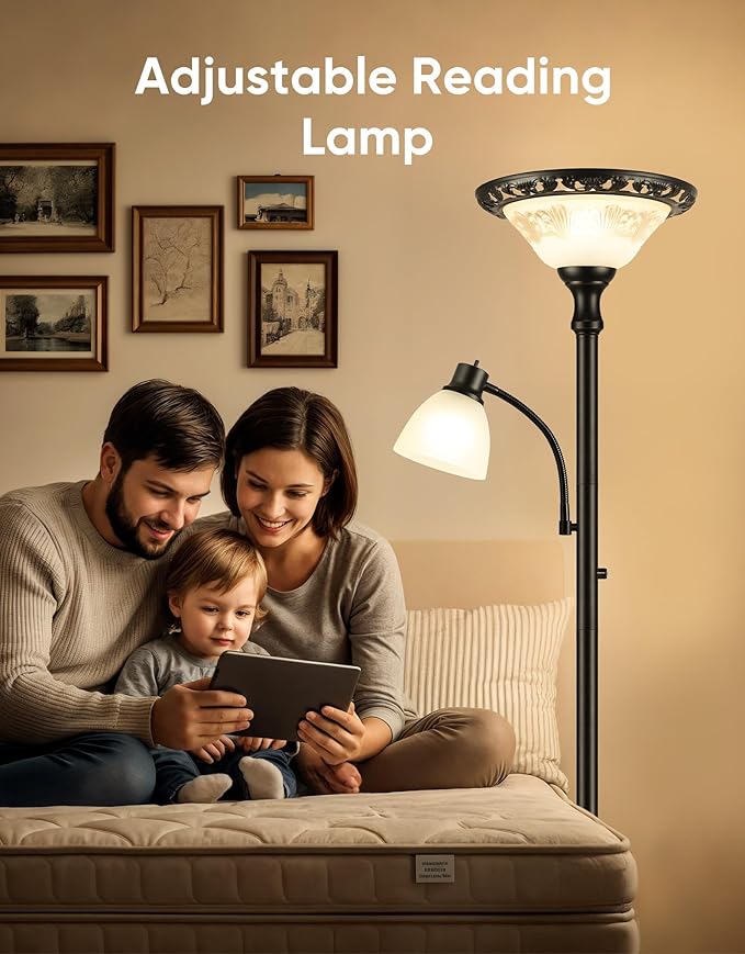 Torchiere Floor Lamps for Living Room, 71" Tall Standing Lamp with Thick Glass Shade, Metal Pole & Heavy Base, Vintage Corner Lamp with Reading Light Home Decor for Bedroom Office, 3CCT Bulb Included