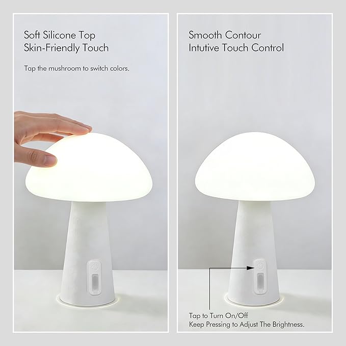 Rechargeable Touch Mushroom Table Lamp – Cordless RGB Lamp for Bedroom, Nightstand, Side Table – 3 Color Temperatures + RGB + Dimming + Type-C Charging