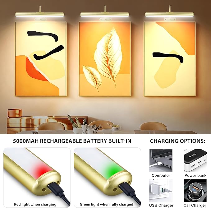 Set of 2 Picture Lights on Wall Rechargeable and Remote, Full Metal Painting Light with 3 Lighting Colors Brightness Dimmable and Timer Auto-OFF, Above Artwork Dartbord Display Gallery Portrait