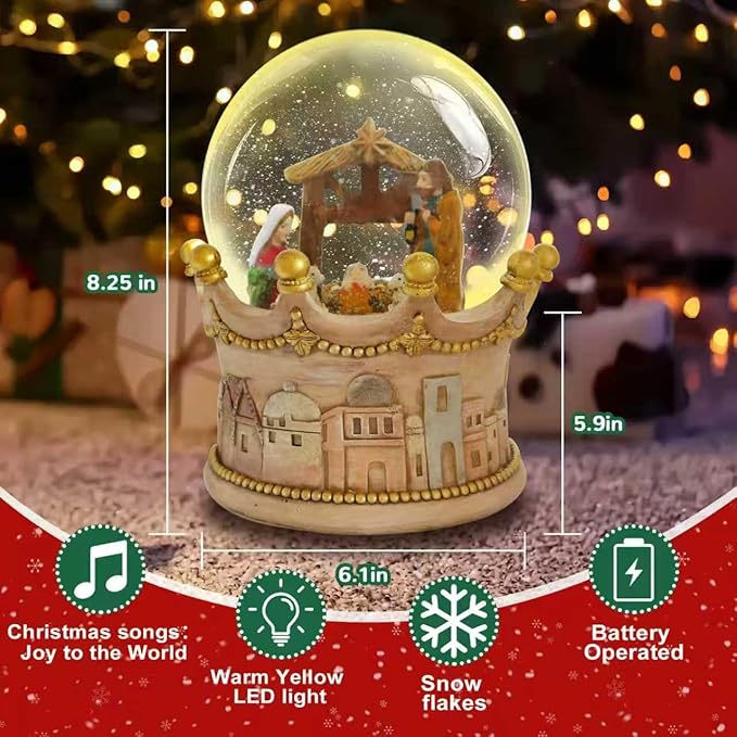 8.25 Inch Height Christmas Snow Globe with LED Light Musical Snowflakes Holiday Decoration, Nativity Scene Oversized Resin Snowglobes, Christmas Holiday Decor.