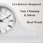 Mantel Clock, White Wooden Mantle Clock for Living Room Décor - Silent, Decorative, Solid Wood, Battery Operated Mantle Clock for Fireplace Mantel, Office, Desk, Shelf & Home Décor Gift, 15x7.5 Inch