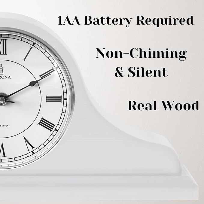 Mantel Clock, White Wooden Mantle Clock for Living Room Décor - Silent, Decorative, Solid Wood, Battery Operated Mantle Clock for Fireplace Mantel, Office, Desk, Shelf & Home Décor Gift, 15x7.5 Inch