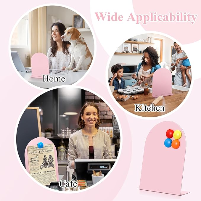 Shimeyao 2 Pcs Pink Magnetic Bulletin Board for Tabletops with 8 Magnets 10x7 Inch Memo Display Easel Stand for Home Office School Kitchen Table Supplies (Arched)