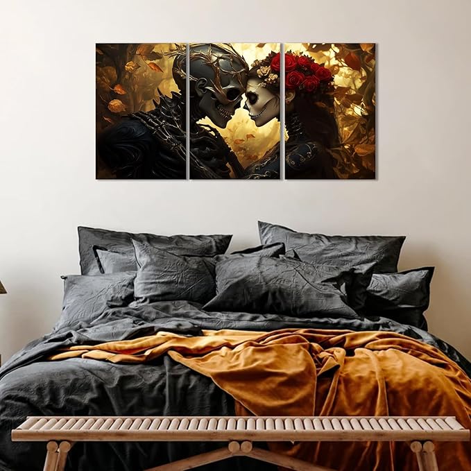 RUNBOAT Skull Pictures Wall Decor - Skull Canvas Wall Art, Skeleton Couple Poster Print, Gothic Painting Artwork, Skeleton and Roses Pictures for Living Room Bedroom (12" x 18" x 3 pcs)