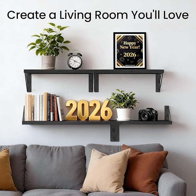 BAYKA Wall Mounted Floating Shelves, Wood Floating Wall Shelf for Books & Decor, Small Space-Saving Display & Organizer（Black，Set of 3）