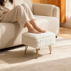 ACEQLYT® Small Foot Stool Ottoman with Storage, Foot Rest for Couch and Chair, White Faux Fur Storage Ottoman with Gold Metal Legs and Padded Seat