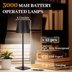 Retisee 12 Pack Rechargeable Cordless LED Table Lamps Black 3000mAh Battery Operated Table Light 3-color Stepless Dimming Portable Desk Lamps for Restaurant Coffee Bars Camping Bedrooms Indoor Outdoor