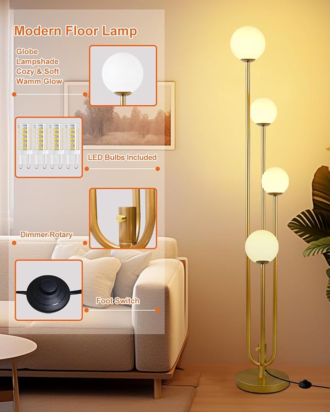 63IN 4-Light Dimmable Floor Lamp, Unique Candle Holder Style Gold Tall Standing Lamps with 3000K G9 Bulbs for Reading, Mid Century Modern Floor Lamp for Living Room Bedroom Home Office