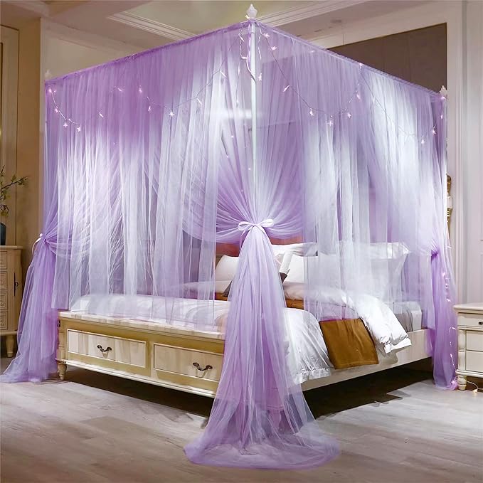 VETHIN 4 Corners Post Princess Bed Canopy Curtain Double Layer Cozy Drape Netting 4 Opening Mosquito Net for Girls & Adults Bedroom Decoration Accessories (Double Purple, 78" W*86" L*82"*H/King)
