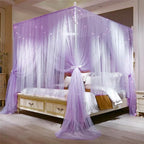 VETHIN 4 Corners Post Princess Bed Canopy Curtain Double Layer Cozy Drape Netting 4 Opening Mosquito Net for Girls & Adults Bedroom Decoration Accessories (Double Purple,64" W*82" L*82"*H/(Queen))