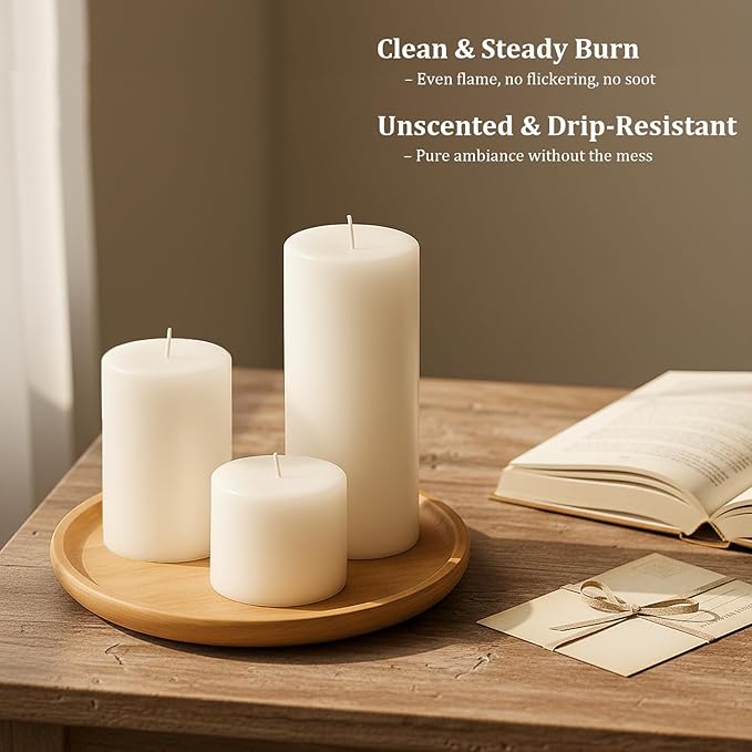 12 Pack White Pillar Candles Bulk Set, 3x3/6/8 Inch - 4 Each Size, Dripless Smokeless Clean Burning for Wedding Centerpieces, Home Decor, Church, Romantic Ambiance！
