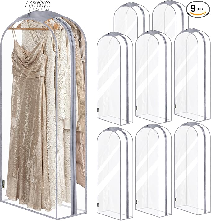 BALEINE 60'' Clear Garment Bags for Hanging Clothes, 10.5'' Wide PEVA Suit Bag for Closet Clothes Dresses Coat (Clear, 9PK)