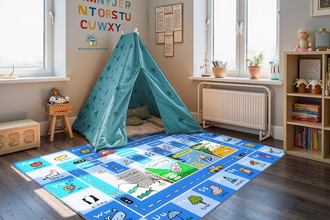 Booooom Jackson ABC Rug Kids Rug Educational Rugs Non-Slip Kids Carpet with Alphabet, Number Mat for Children, Baby, Toddler Play, 4'11" x 6'7"