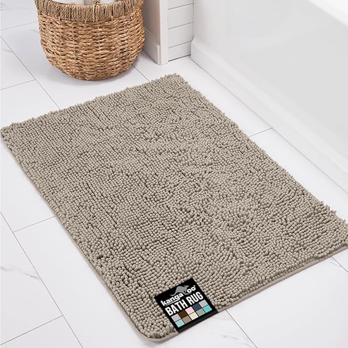 KANGAROO Bathroom Rugs, Chenille Soft Absorbent Bath Rug, Shaggy Shower Mat, Quick Dry Machine Wash Bathmat, Plush Carpet Mats for Tub, Bathtub and Room Home Decor Accessories, 24x17, Beige