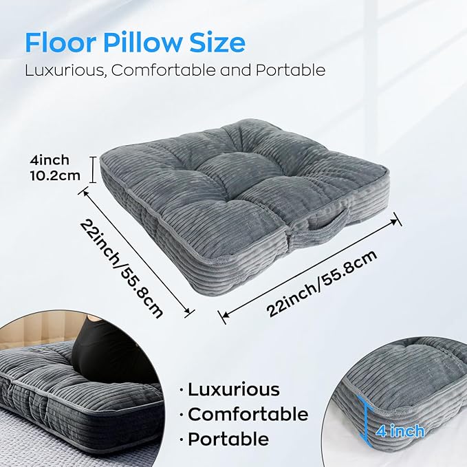 Meditation Floor Pillow Memory Foam Floor Cushions for Adults 22x22+4” Thicken Floor Sitting Large Square Pillows Seating Tufted Corduroy Seat Cushions Machine Washable for Yoga Living Room