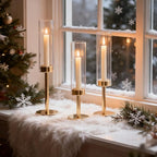 Gold Hurricane Candle Holders Set of 3, Tall Metal & Windproof Glass Taper Candle Holders, Brass Candlesticks Holder Decorations, Table Centerpieces for Weddings, Christmas, Parties, Fireplace Decor