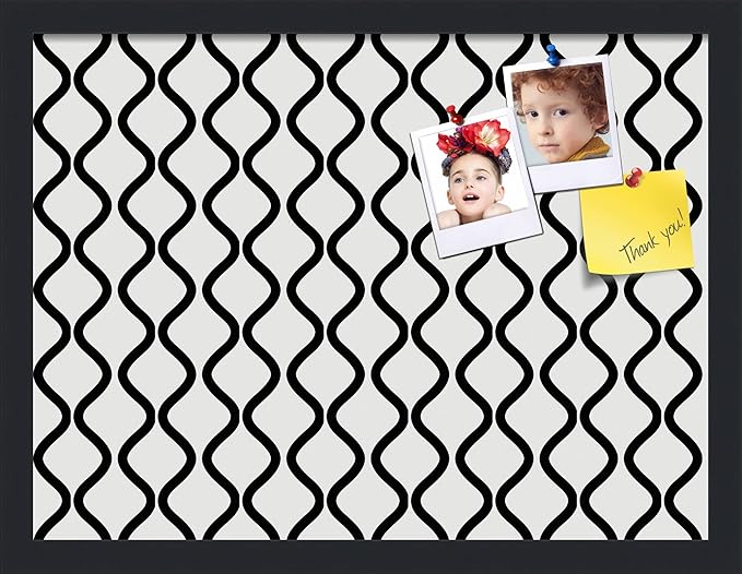 PinPix 20x15 Inch Cork Bulletin Board. This Decorative Framed Pin Board Comes with Black and White Waves Design and a Satin Black Frame. Ideal for Home Office Decor or Message Board (PinPix-194)
