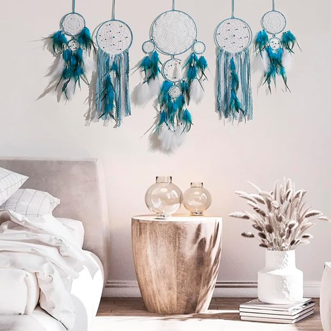 5 Pack Blue Dream Catchers for Bedroom Adult Large Boho Dreamcatcher Wall Hanging Decor with Feather Tassels Handmade Indian Art Decoration Home Ornament for Women Girls