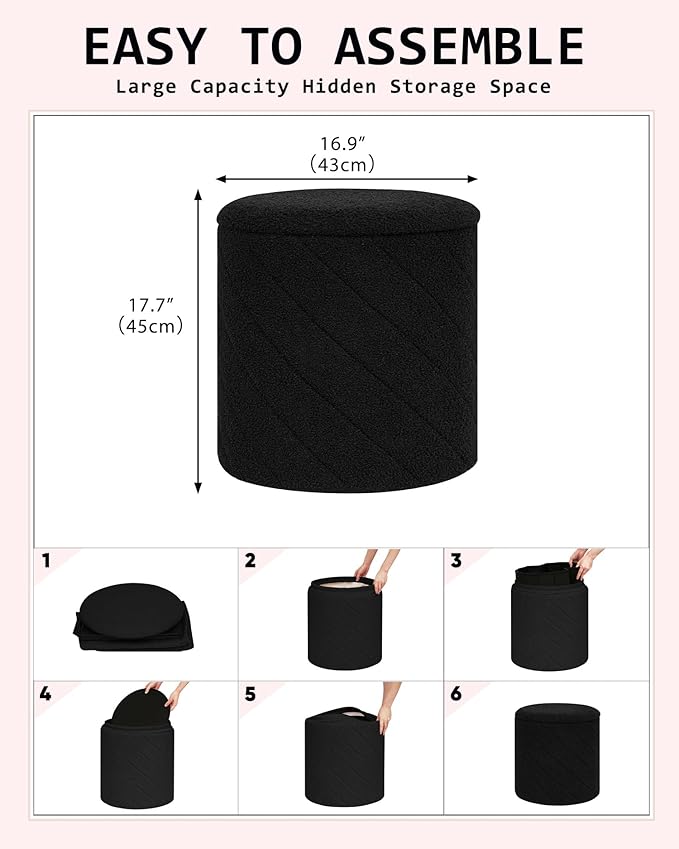 Round Boucle Storage Ottoman with Reversible Wood Tray, 17.7" Sherpa Cylinder Footrest Stool with Storage, Upholstered Folding Ottoman Coffee Table for Living Room Bedroom Dorm, Black