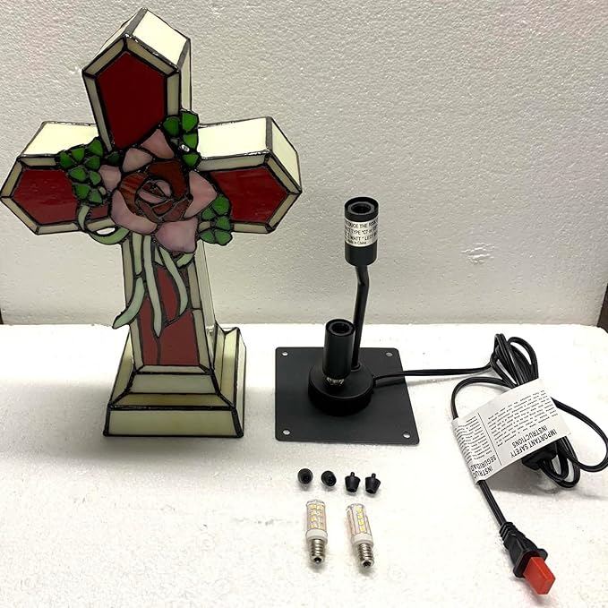 Bieye L10935 Christian Cross Tiffany Style Stained Glass Accent Table Lamp Night Light for Home Décor (Rose)