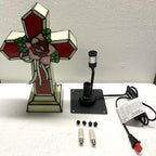 Bieye L10935 Christian Cross Tiffany Style Stained Glass Accent Table Lamp Night Light for Home Décor (Rose)