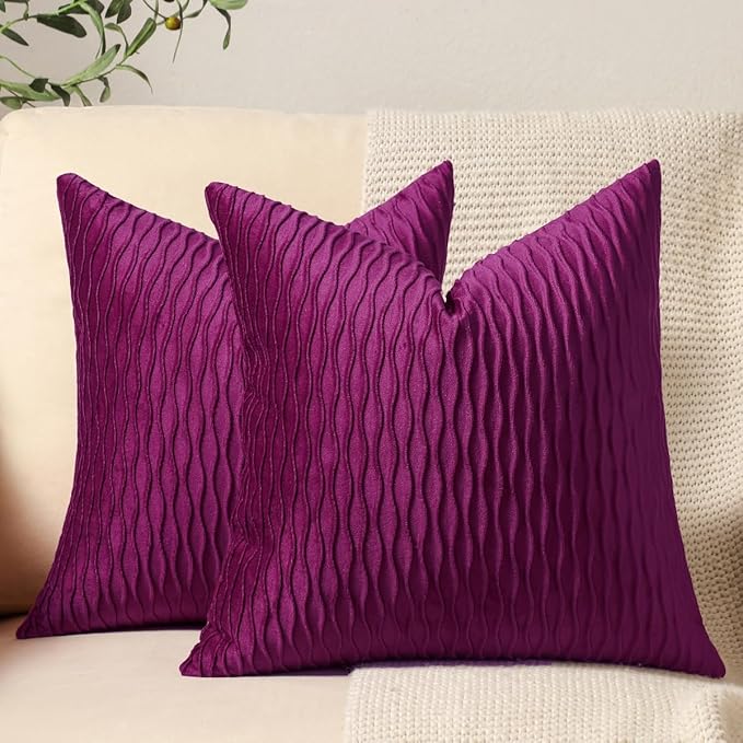18x18 Purple Throw Pillow Cases: 2 Pack Original Striped Velvet Square Decorative Pillow Covers for Farmhouse Couch