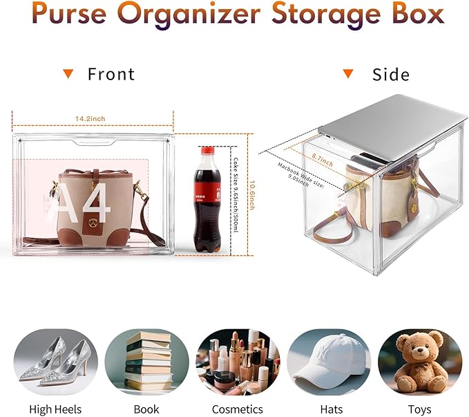 3Pack Clear Plastic Handbag Storage Organizer for Closet, Acrylic Display Case for Handbag and Purse, Purse Organizer for Closet with Magnetic Door for Book, Toys, Hat
