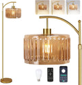 Glass Floor Lamp for Living Room,Bedroom,Gold Dimmable Standing Lamp with Remote,Mid Century Modern Brass Tall Lamp Boho Vintage Retro Floor Lamps Arc Amber Flower Floor Light Lamp Bohemian