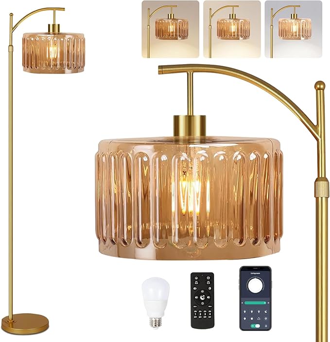 Glass Floor Lamp for Living Room,Bedroom,Gold Dimmable Standing Lamp with Remote,Mid Century Modern Brass Tall Lamp Boho Vintage Retro Floor Lamps Arc Amber Flower Floor Light Lamp Bohemian