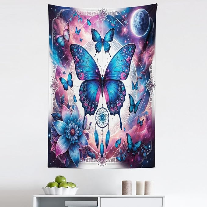 Ambesonne Boho Tapestry, Astral Dream in Outer Space with Fantasy Butterfly Dreamcatcher Moon, Fabric Wall Hanging Decor for Bedroom Living Room Dorm, 30" X 45", Pale Pink Sky Blue Indigo