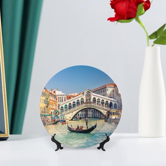10 Inch Decorative Plate, Venice Dinner Plate, Cityscape on a Sunny Day with Rialto Bridge Print Ornament Display Plate for Fine Dining, Upscale Events, Dinner Parties, Weddings, Catering Christmas